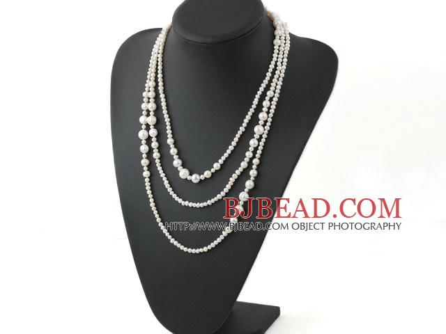 Long Style White Round Freshwater Pearl Beaded Necklace