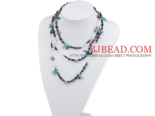 Long Style Black Pearl Crystal and Green Agate Necklace