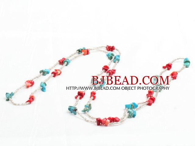 Fashion Long Style Red Coral Blue Turquoise Chips Necklace
