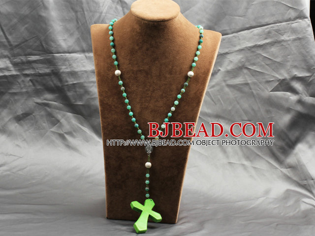 Classic Design Fashion Long Y Shape Green Frosted Banded Agate Necklace With Bright Green Cross Shape Turquoise Pendant