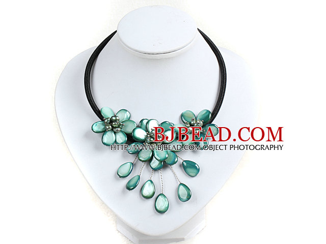 Blue Green Pearl Shell Flower Necklace with Black Cord