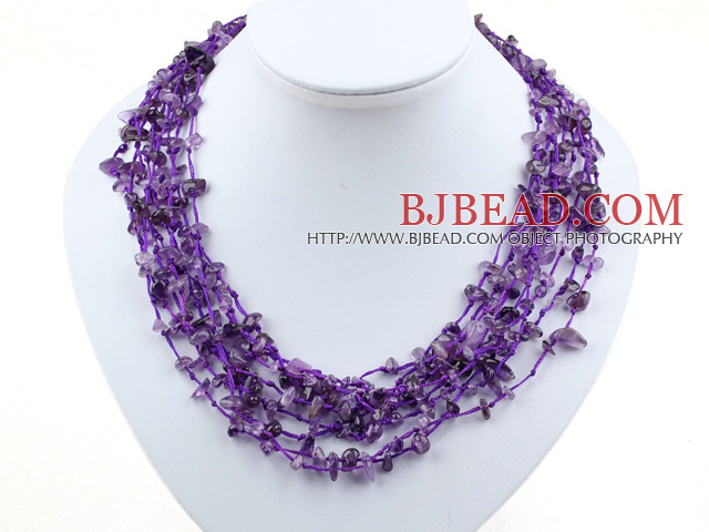 multi strand amethyst necklace with shell flower clasp