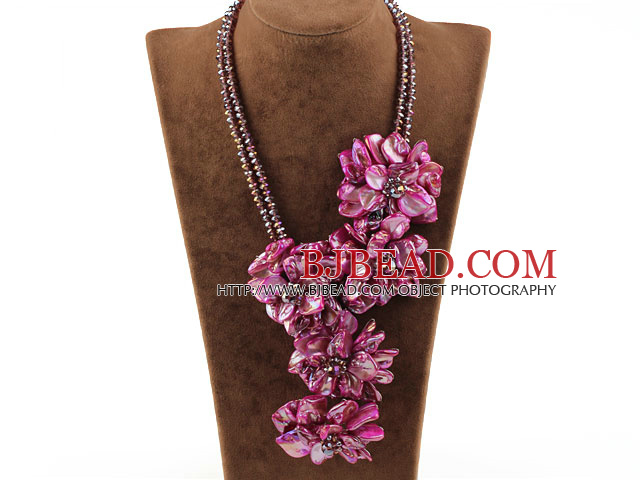 Big Style Hot Pink Shell Flower and Crystal Party Necklace