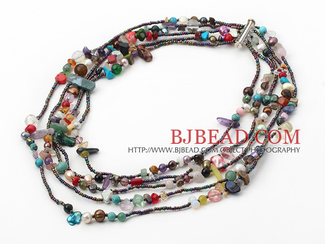 multi strand colorful stone pearl and crystal necklace