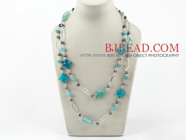 black pearl and blue jasper necklace with metal hoops