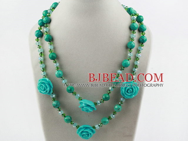 Long Style Xinjiang Turquoise and Crystal Flower Necklace