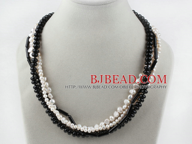 Multi Strand Black and White Freshwater Pearl and Black Agate Necklace with Moonlight Clasp