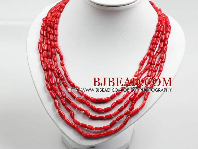 Five Strands Red Coral Collar Statement Necklace