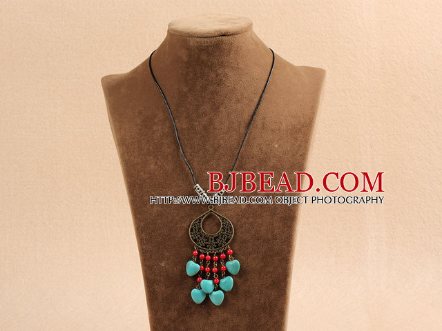 Simple Vintage Style Heart Shape Turquoise Red Round Coral Beads Tassel Pendant Necklace With Black Leather