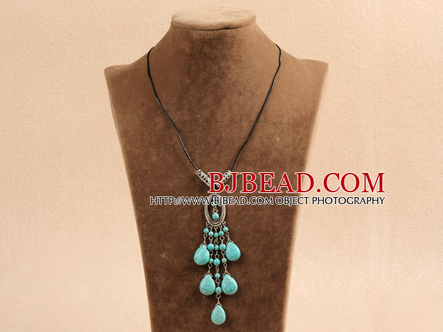 Simple Vintage Style Tear Drop Shape Blue Turquoise Tassel Pendant Necklace With Black Leather