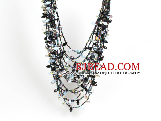 Gorgeous Multi Layer Black Series Natural Freshwater Pearl Crystal Party Necklace