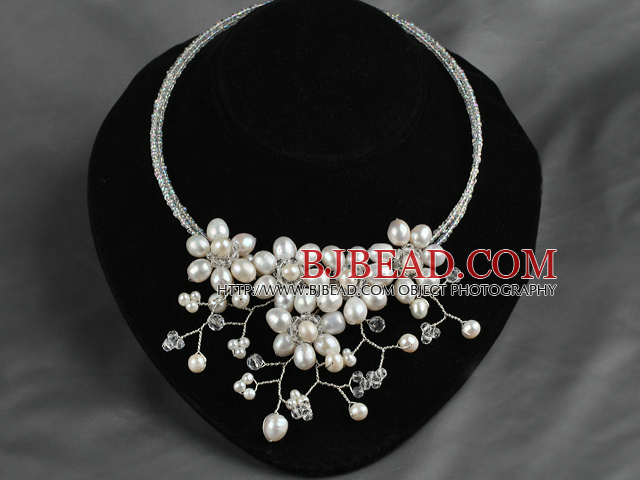 Natural White Freshwater Pearl and Clear Crystal Flower Bib Necklace