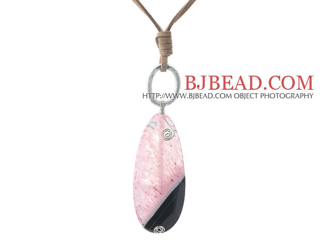 Simple Style Drop Shape Pink Crystallized Stripe Agate Pendant Necklace with Brown Cord