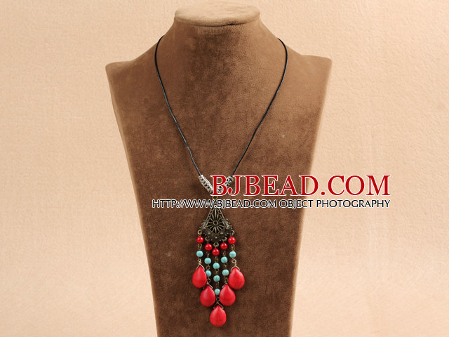 Simple Vintage Style Chandelier Shape Turquoise Tear Drop Coral Beads Tassel Pendant Necklace With Black Leather