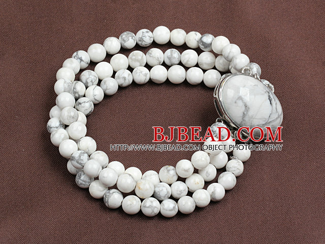 Fashion Three Strand 6Mm White Howlite Beads Bracelet - Bjbead.com