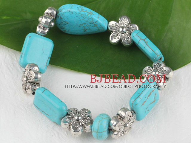 Stretch chunky style assorted shape turquoise and flower beads bangle bracelet