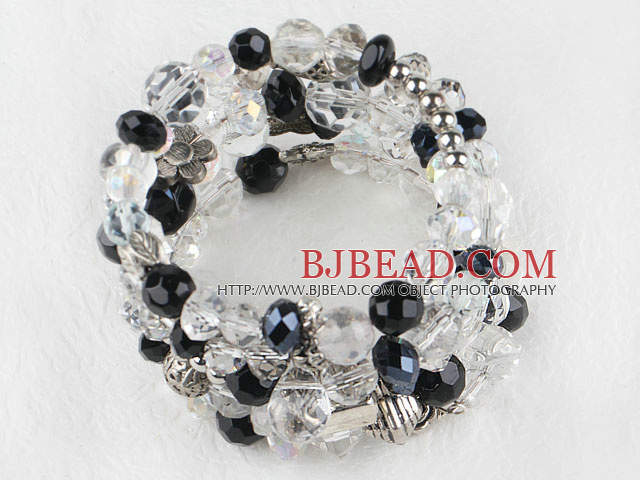 7.5 inches multi strand stretchy white and black crystal bracelet bangle
