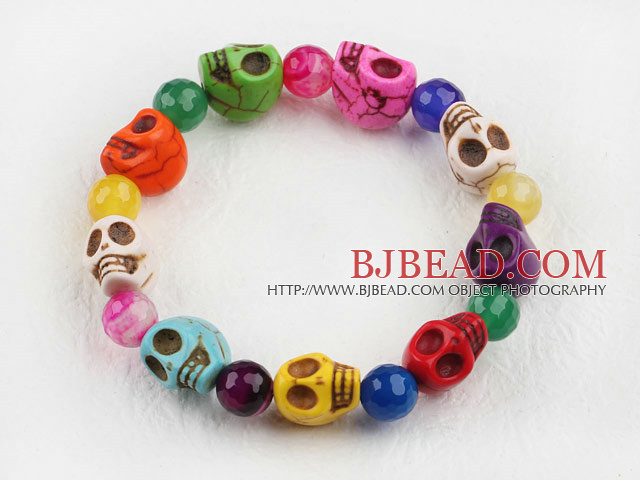 Multi Color Agate Skull Stretch Halloween Bracelet