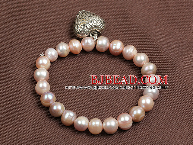 Simple Elegant Style Natural Pink Freshwater Pearl Elastic/ Stretch Bracelet With Tibet Silver Heart Charm