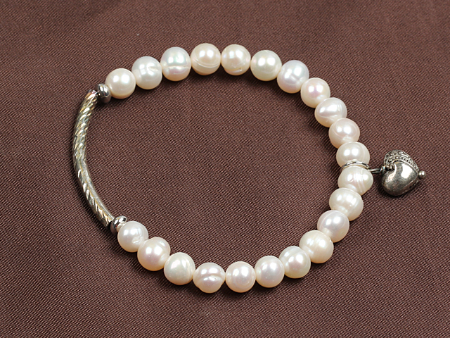 Simple Elegant Style Natural White Freshwater Pearl Elastic/ Stretch Bracelet With Tube And Heart Charm