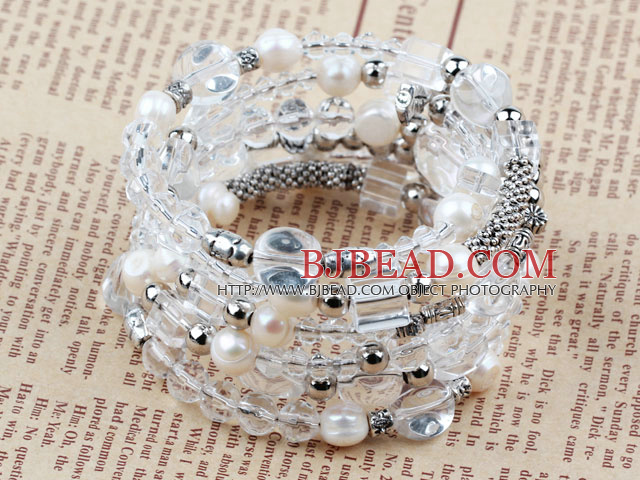 Assorted White Freshwater Pearl and Clear Crystal Wrap Bangle Bracelet