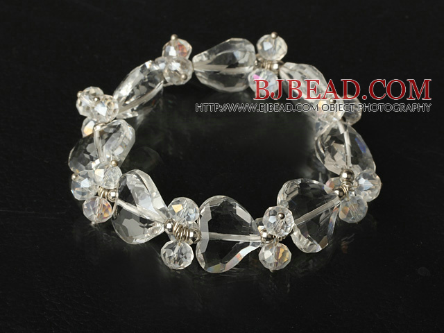 Faceted Clear Crystal and Heart Shape Clear Crystal Elastic Bangle Bracelet