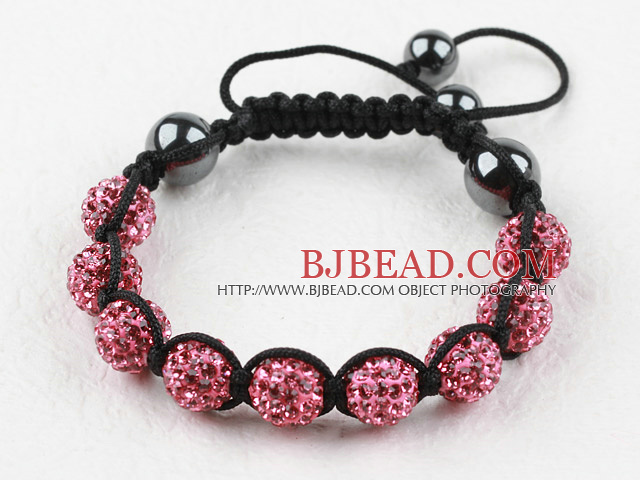 10mm Pink Rhinestone Woven Drawstring Bracelet with Adjustable Thread