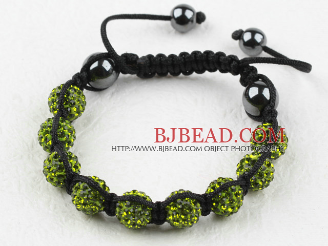 10mm Olive Green Rhinestone Woven Drawstring Bracelet with Adjustable Thread