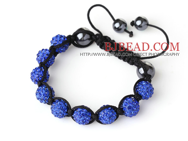 10mm Dark Blue Rhinestone Ball Woven Ball Bracelet with Adjustable Thread