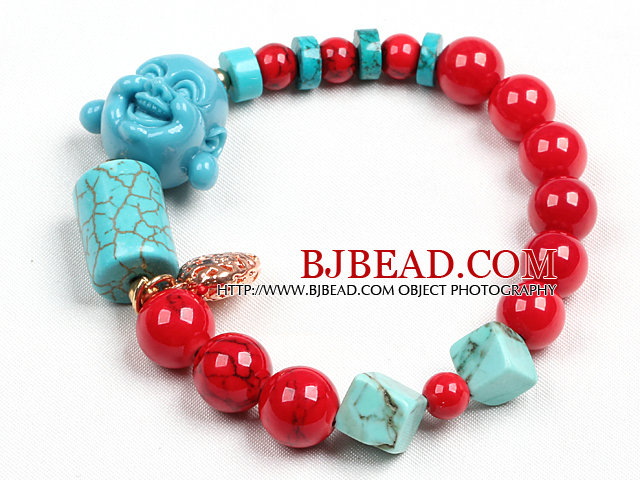 Simple Style Red Blood Stone Coral Turquoise Beads Stretch / Elastic Bracelet With Buddha Head Charm And Golden Rose Color Hollow Heart