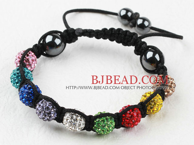 10mm Multi Color Rhinestone Ball Woven Drawstring Bracelet with Adjustable Thread