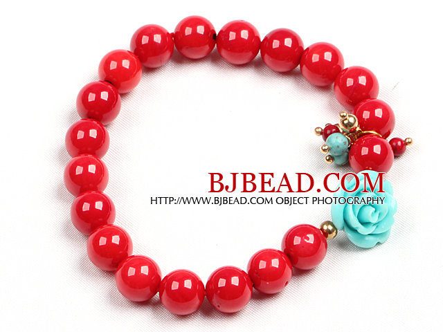 Simple Style Single Strand Red Coral Beads Stretch/ Elastic Bracelet With Turquoise Flower Charm