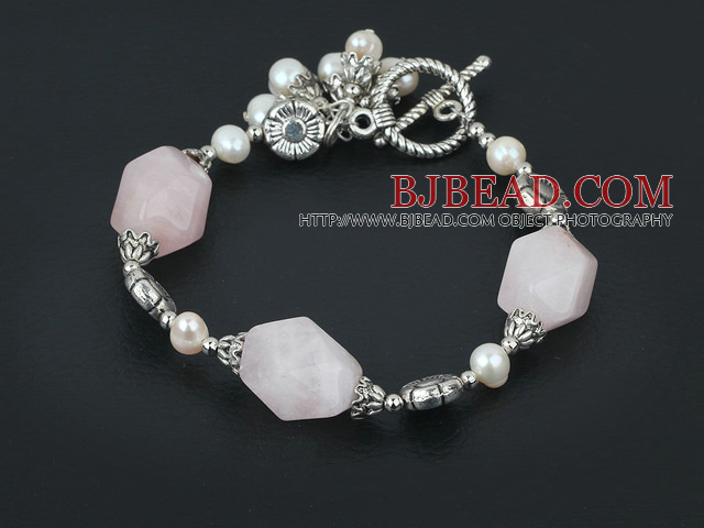 7 inches white pearl and rose quartz bracelet with toggle clasp