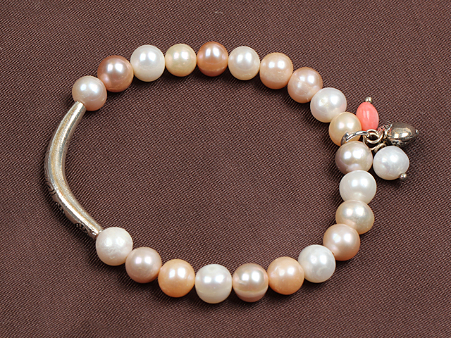 Simple Elegant Style 7-8Mm Natural White Pink Purple Freshwater Pearl Elastic/ Stretch Bracelet With Tube Charm