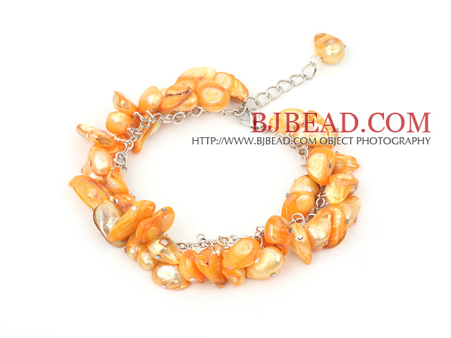 8-10mm dyed orange pearl bracelet with metal chain and lobster clasp