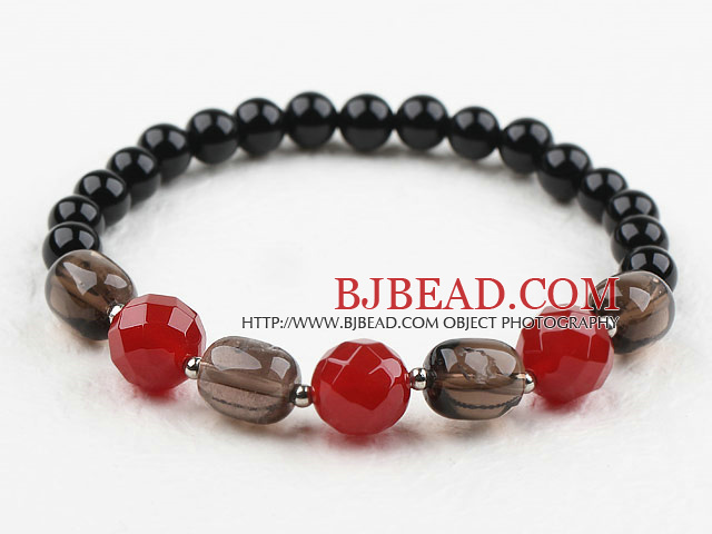 Smoky Quartz and Red Carnelian and Black Agate Stretch Bangle Bracelet