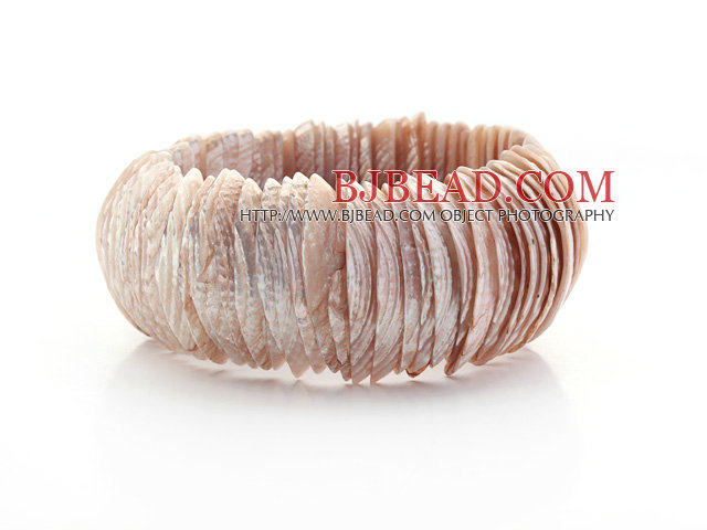 Brown and Pink Color Trochus Shell Stretch Bangle Bracelet
