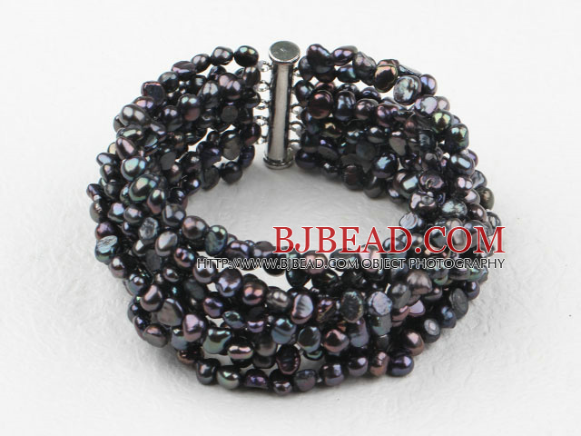 Multi Strands Black Freshwater Pearl Bangle Bracelet