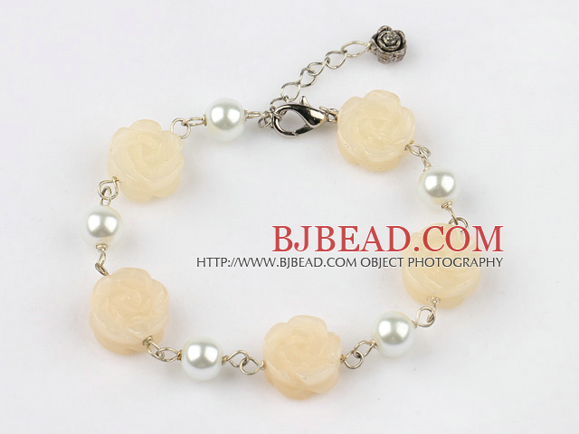 white pearl and yellow jade flower bracelet with extendable chain