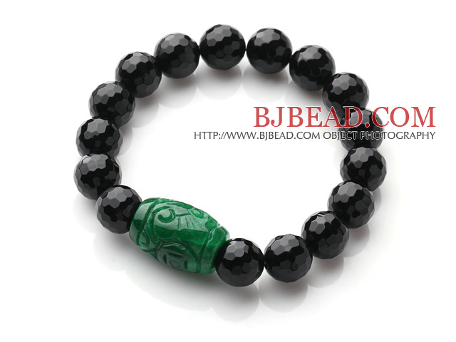 Single Strand A Grade Faceted Black Agate And Green Jade Elastic Bracelet