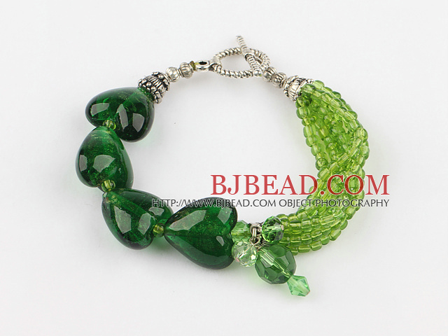 green crystal heart colored glaze bracelet with toggle clasp