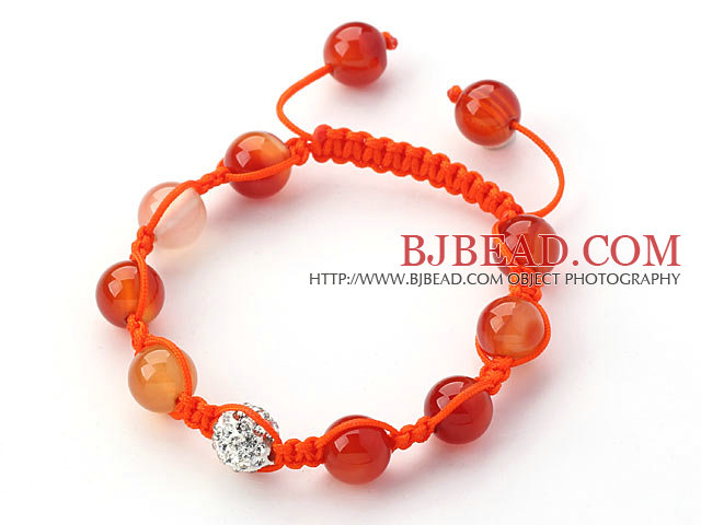 Orange Series 10mm Round Natural Color Agate and White Rhinestone Beads Adjustable Drawstring Bracelet