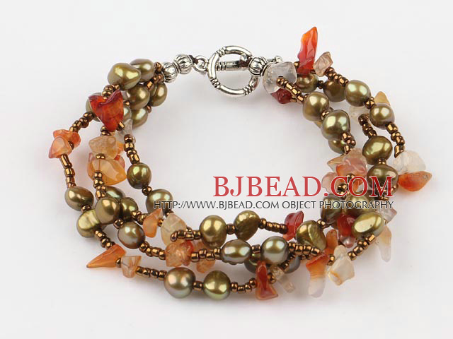 multi strand natural agate and brown pearl necklace with toggle clasp