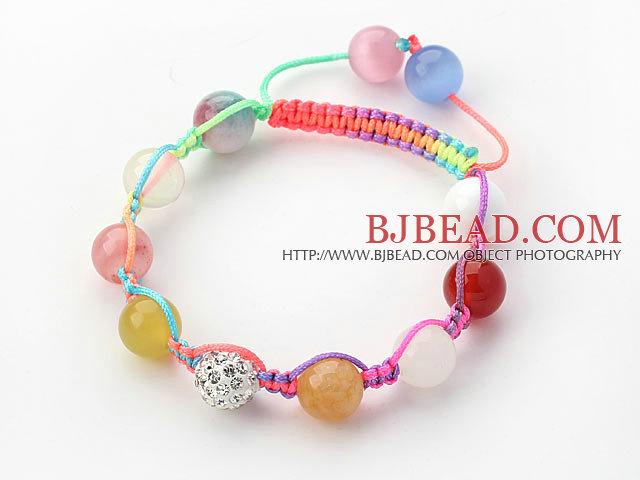 10mm Multi Color Stone and White Rhinestone Beads Adjustable Drawstring Bracelet