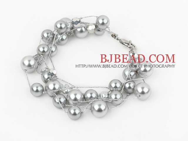 Multi Strands Round Gray Seashell Bracelet with Lobster Clasp