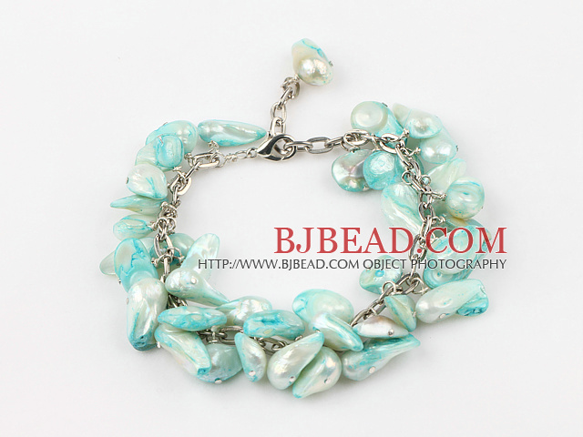 irregular shape dyed sky blue pearl bracelet with extendable chain