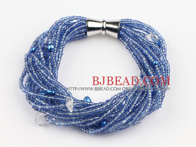 blue lampwork glass beads pearl bracelet with magnetic clasp