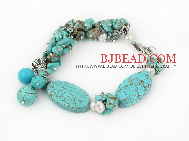 white pearl and burst pattern turquoise bracelet with lobster clasp