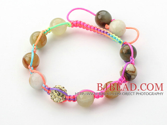 Multi Color 10mm Round Colorful Jade Stone and Rhinestone Beads Adjustable Drawstring Bracelet
