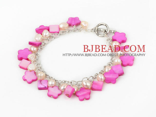 natural pink pearl and pink shell bracelet with toggle clasp 